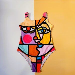 One Piece Sexy Swimsuit Women Neon Color Abstract Painting size M